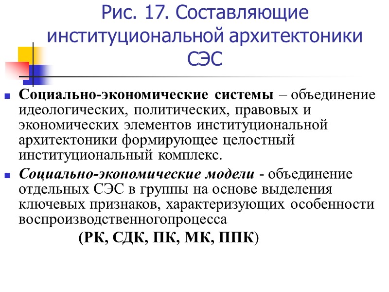 Рис. 17. Составляющие институциональной архитектоники СЭС Социально-экономические системы – объединение идеологических, политических, правовых и